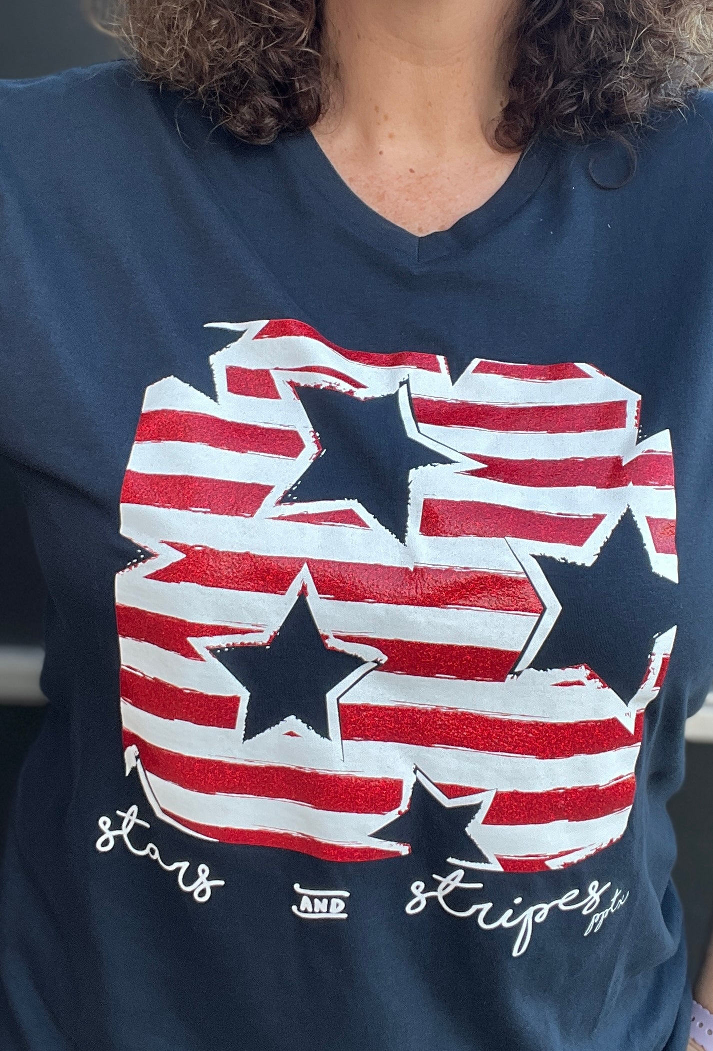 SPARKLY STARS & STRIPES V Neck Graphic Tee