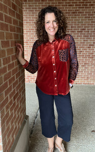 Velvet Button Down with Leopard Burnout Sleeves