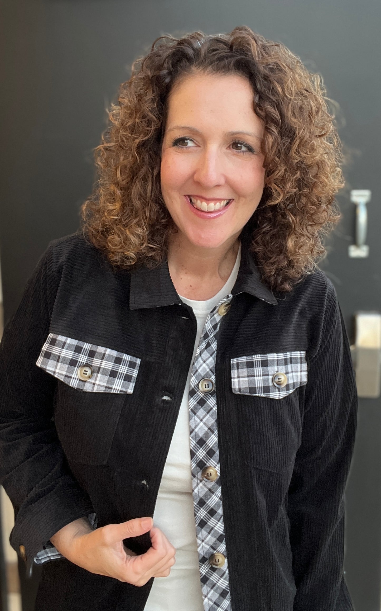 Corduroy Button Down with Plaid Trim