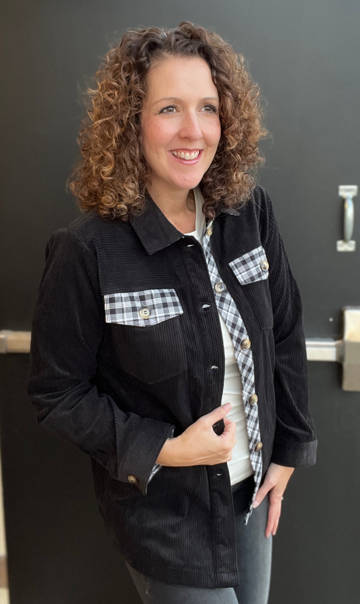 Corduroy Button Down with Plaid Trim