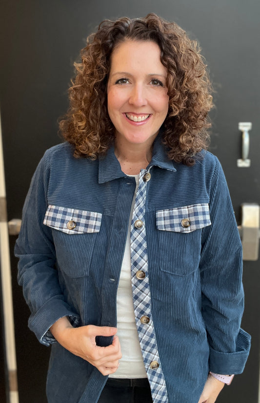 Corduroy Button Down with Plaid Trim