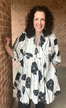 Load image into Gallery viewer, Black and White Striped and Floral Dress