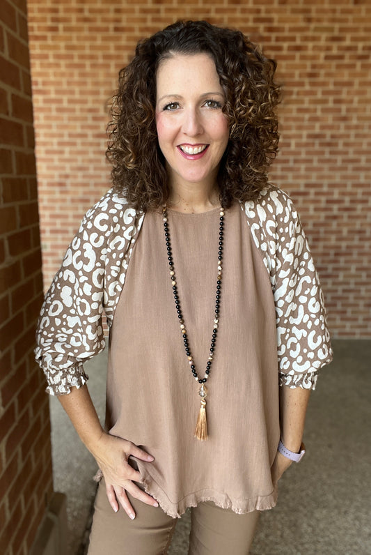 Smocked Leopard Sleeve Linen Blend Top