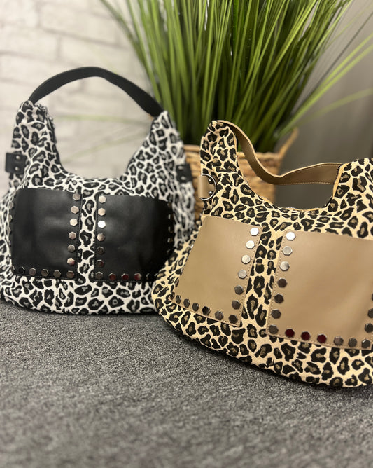 Leopard Hobo Bag with Studded Pockets