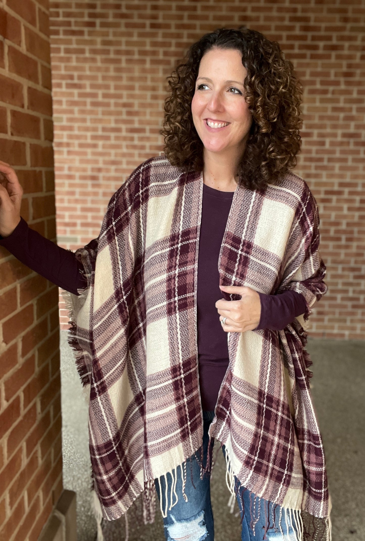 Burgundy Plaid Kimono with Fringe