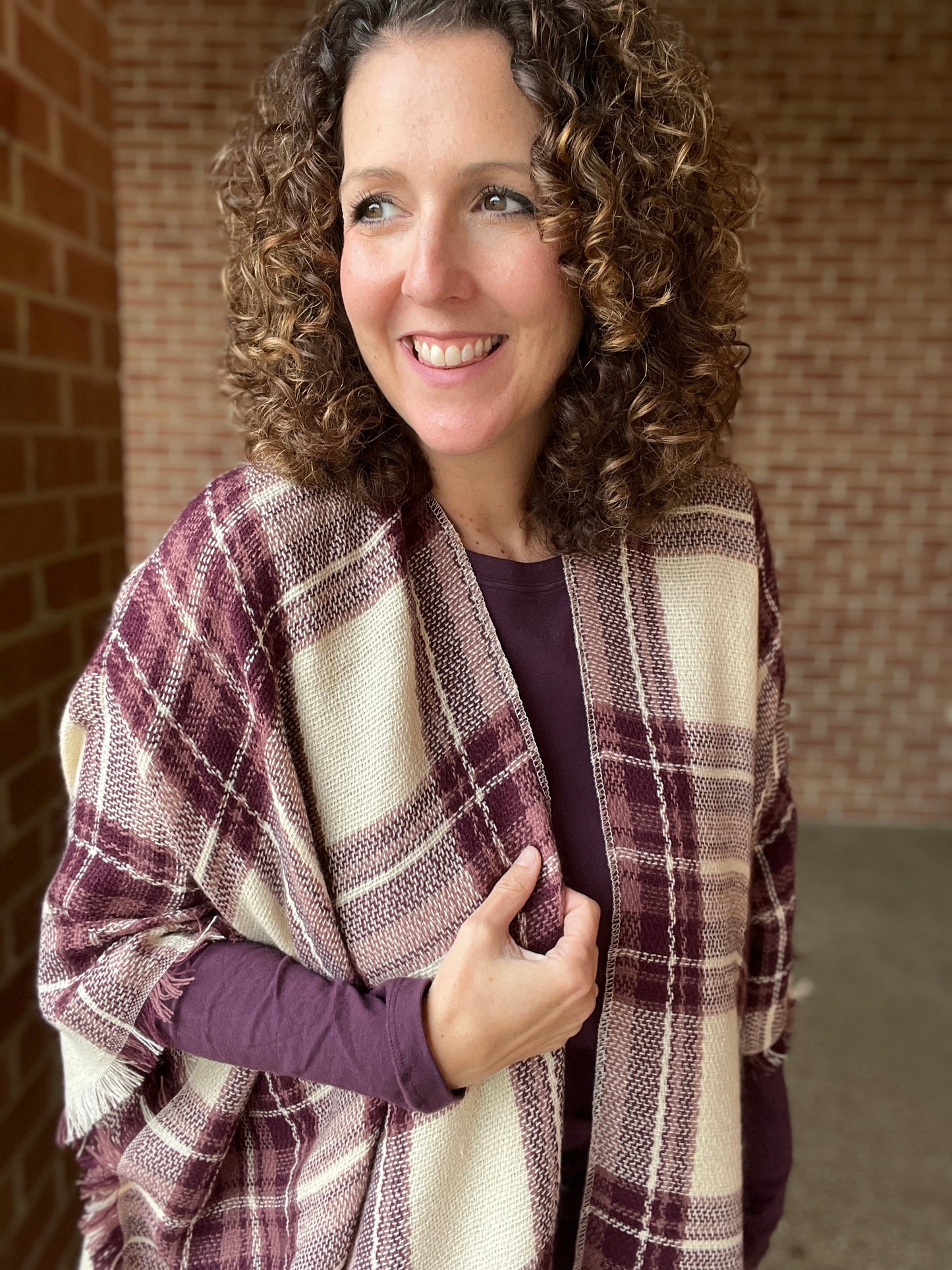 Burgundy Plaid Kimono with Fringe