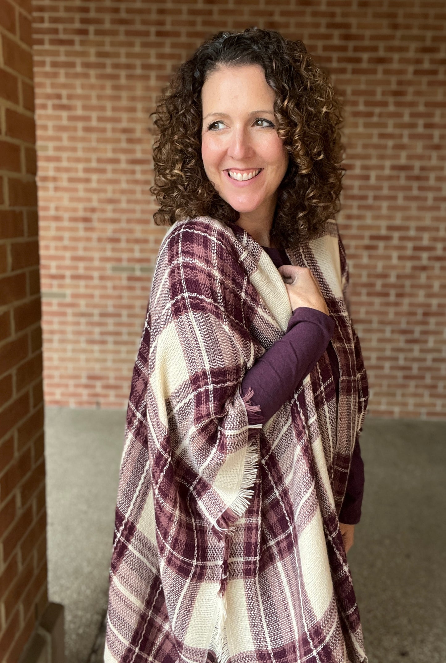 Burgundy Plaid Kimono with Fringe