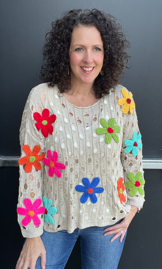 Open Knit Sweater with Flowers