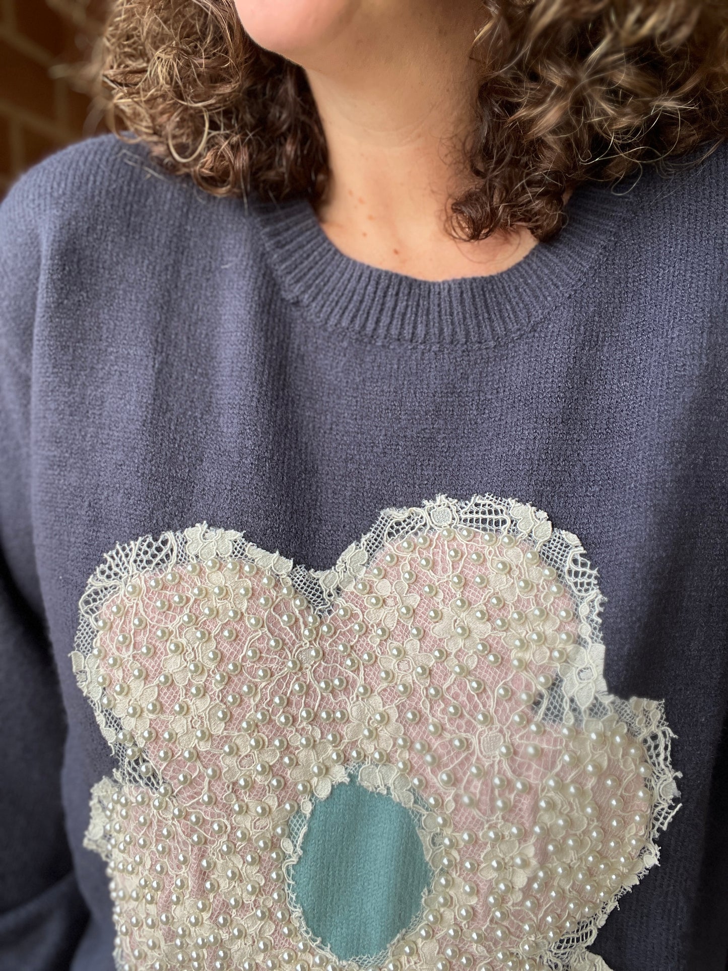 Lace and Pearl Flower Sweater