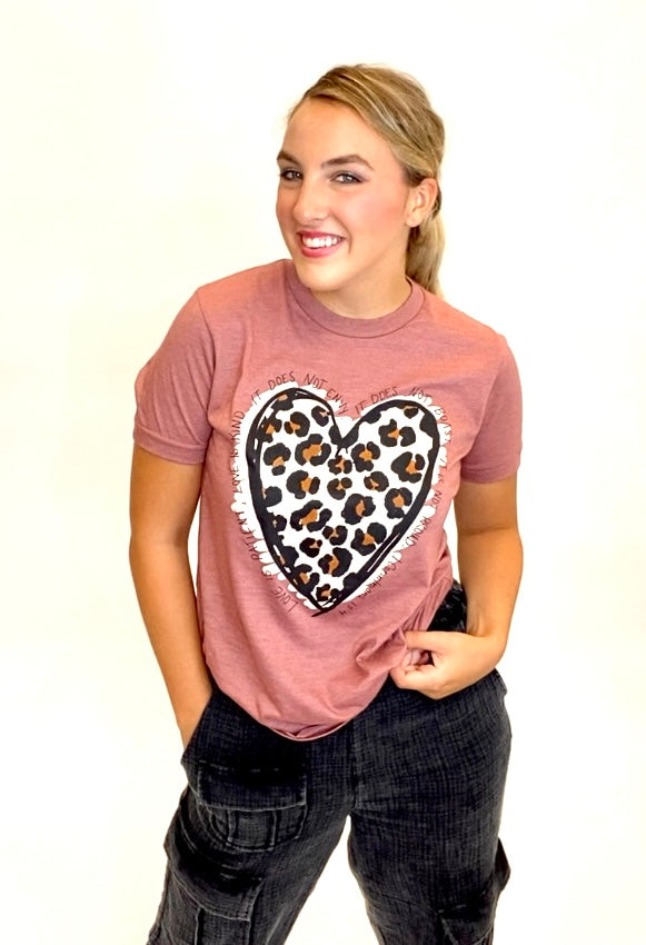 LOVE SCRIPTURE LEOPARD HEART Graphic Tee