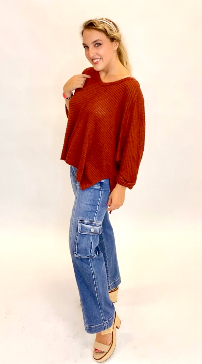 Waffle Knit Dolman V Neck Top