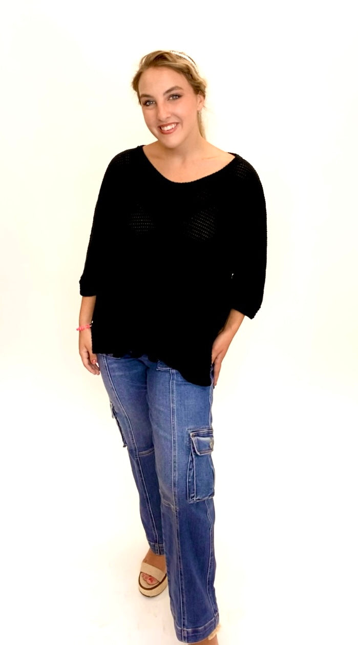 Waffle Knit Dolman V Neck Top