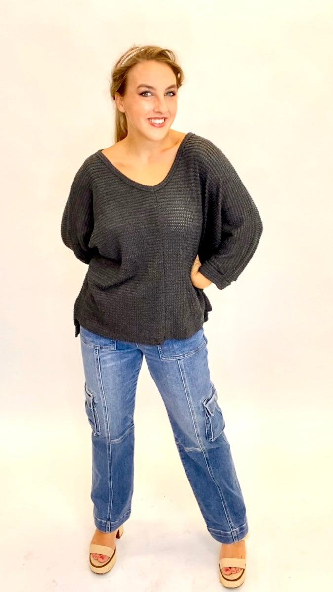 Waffle Knit Dolman V Neck Top