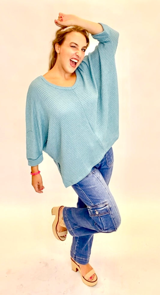 Waffle Knit Dolman V Neck Top