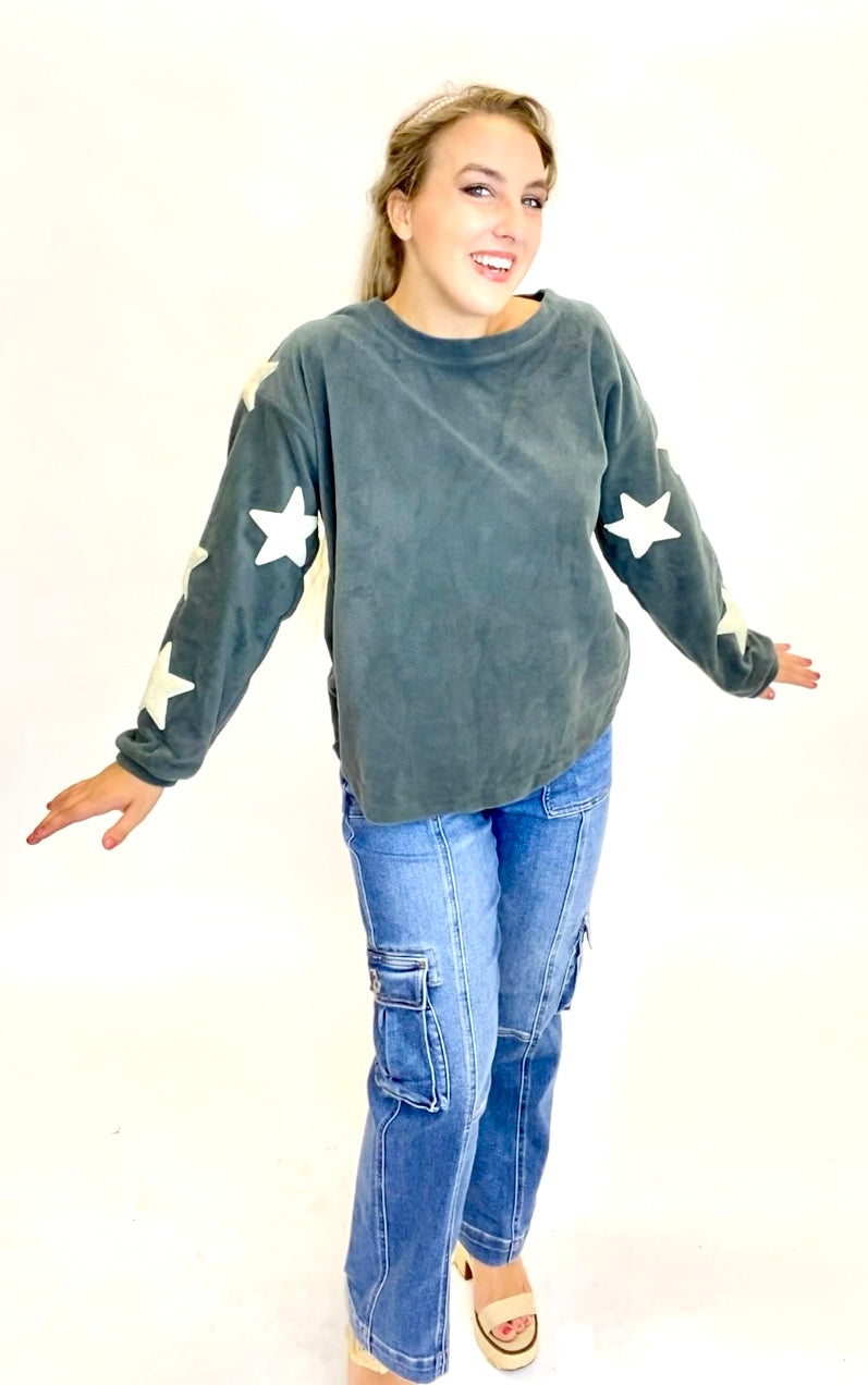 Cozy Brushed Top with Star Patch Sleeves