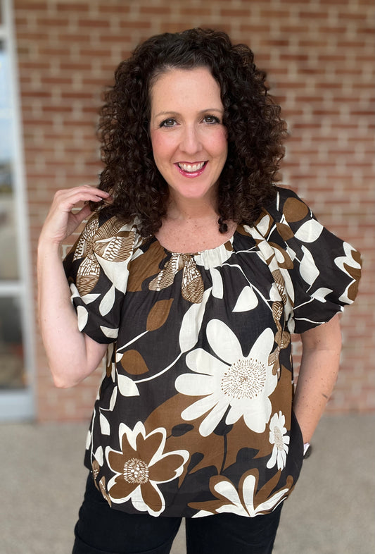 Black and Brown Floral Top with Puffed Sleeves