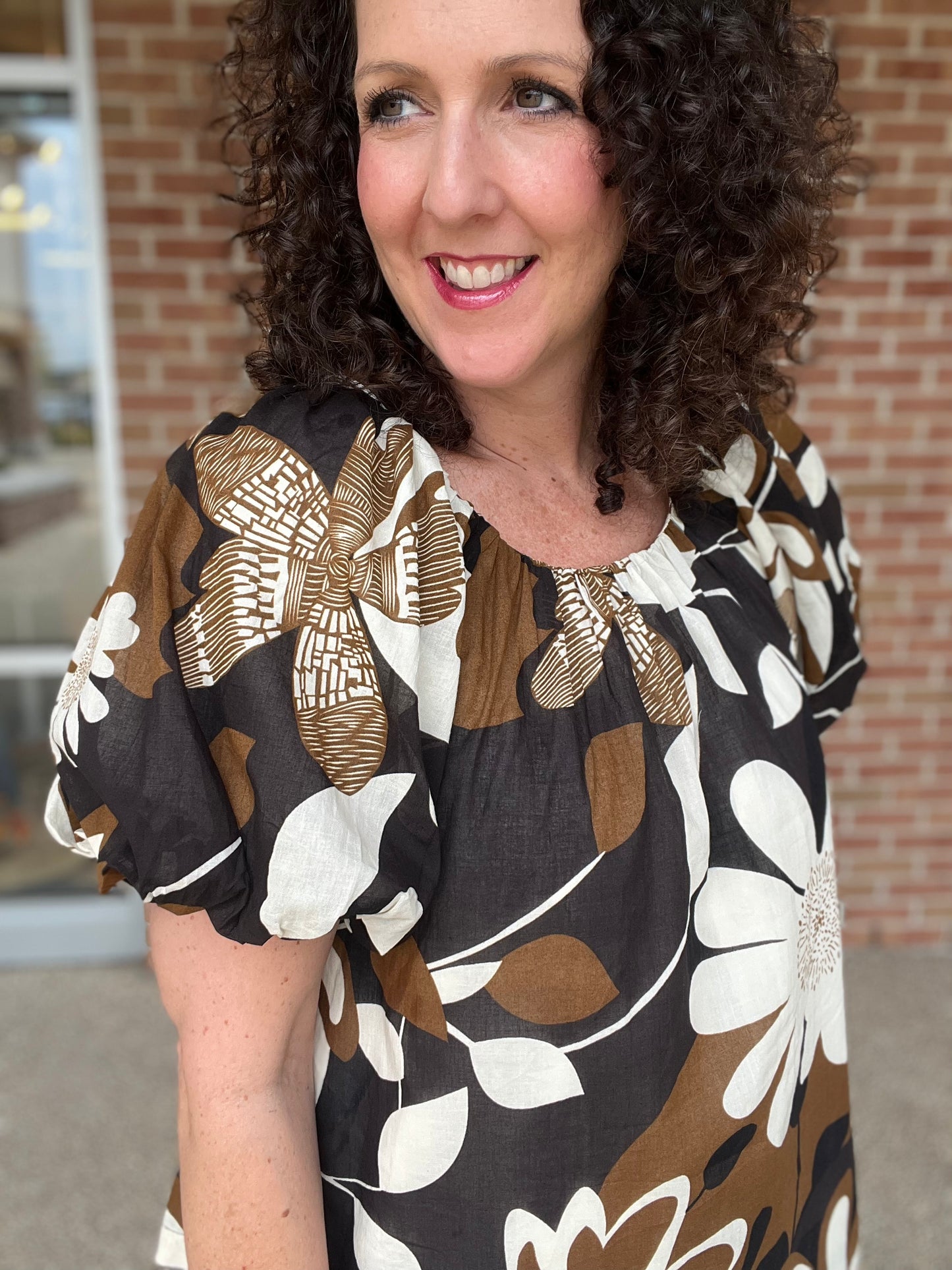 Black and Brown Floral Top with Puffed Sleeves