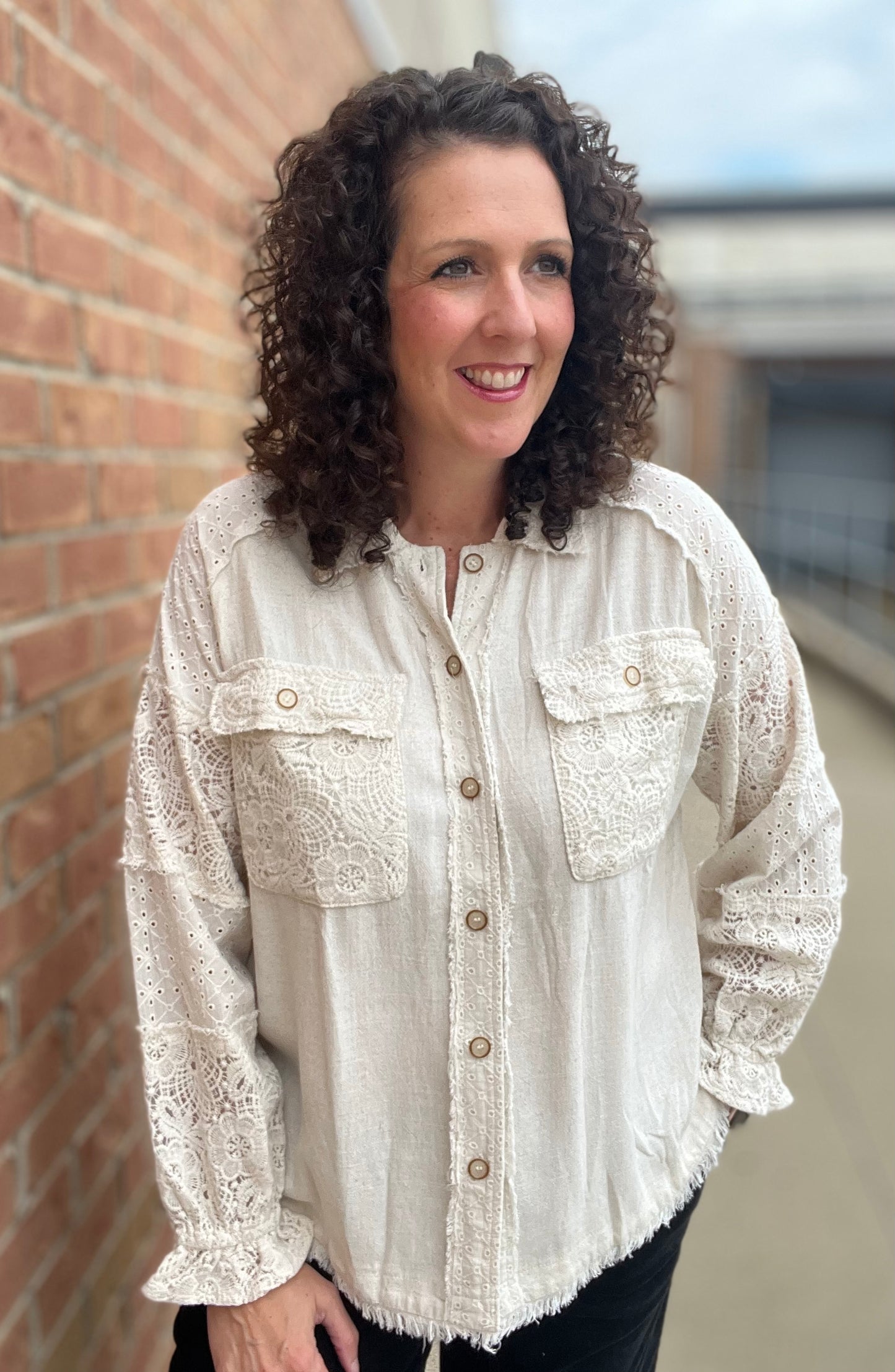 Linen and Lace Button Down Top