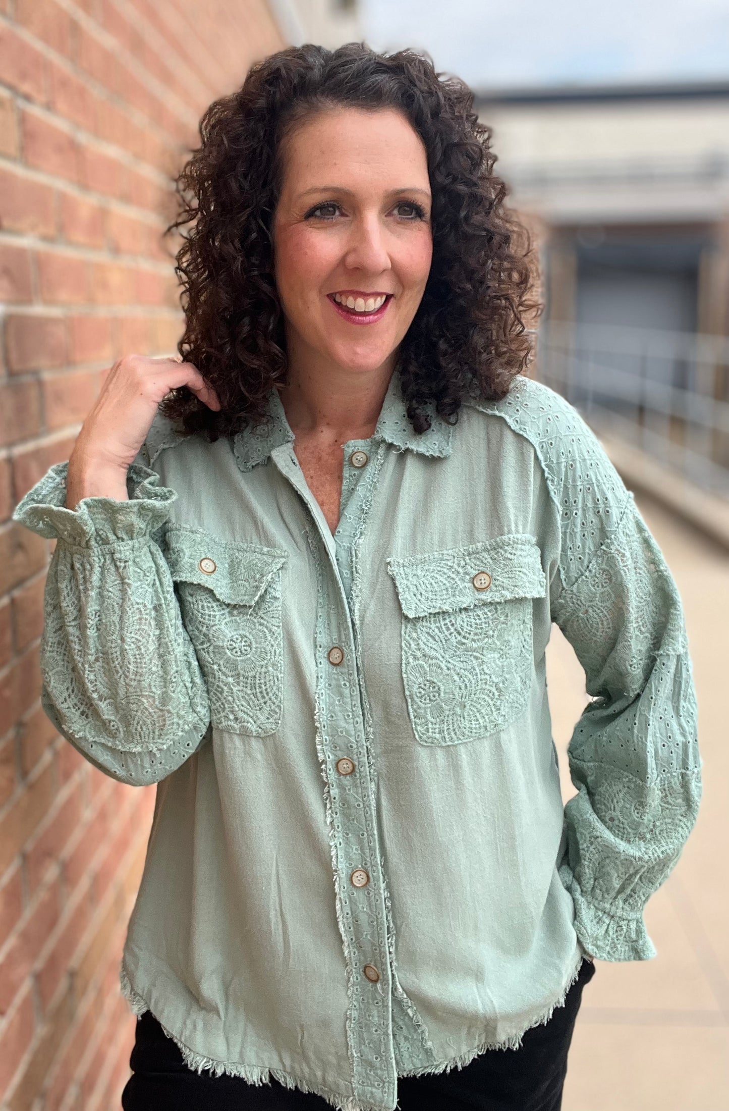 Linen and Lace Button Down Top