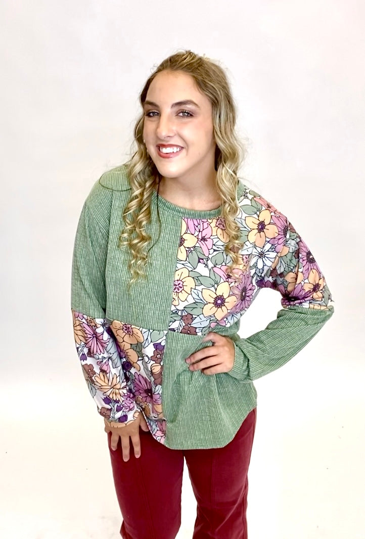 Green and Floral Blocked Top