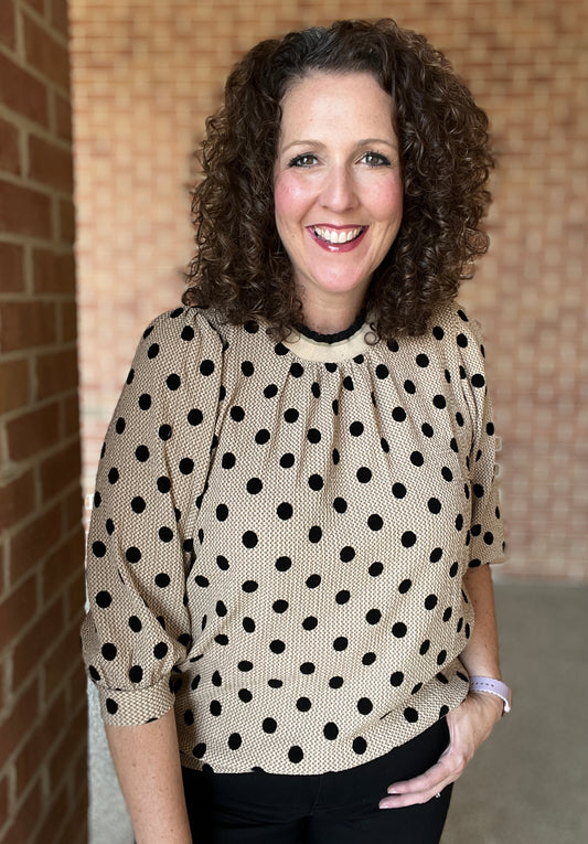Textured Polka Dot Top with Ruffled Neck