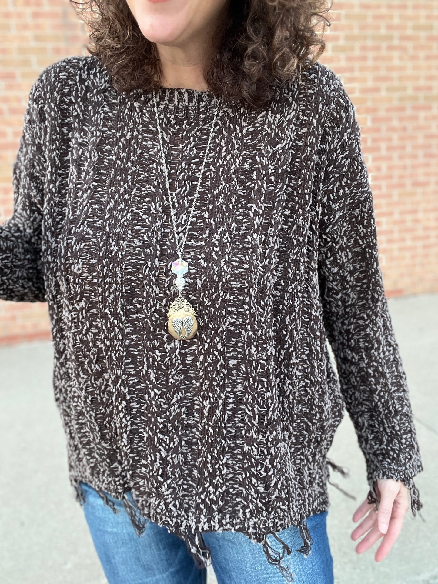 Marled Cable Knit Sweater with Fringe