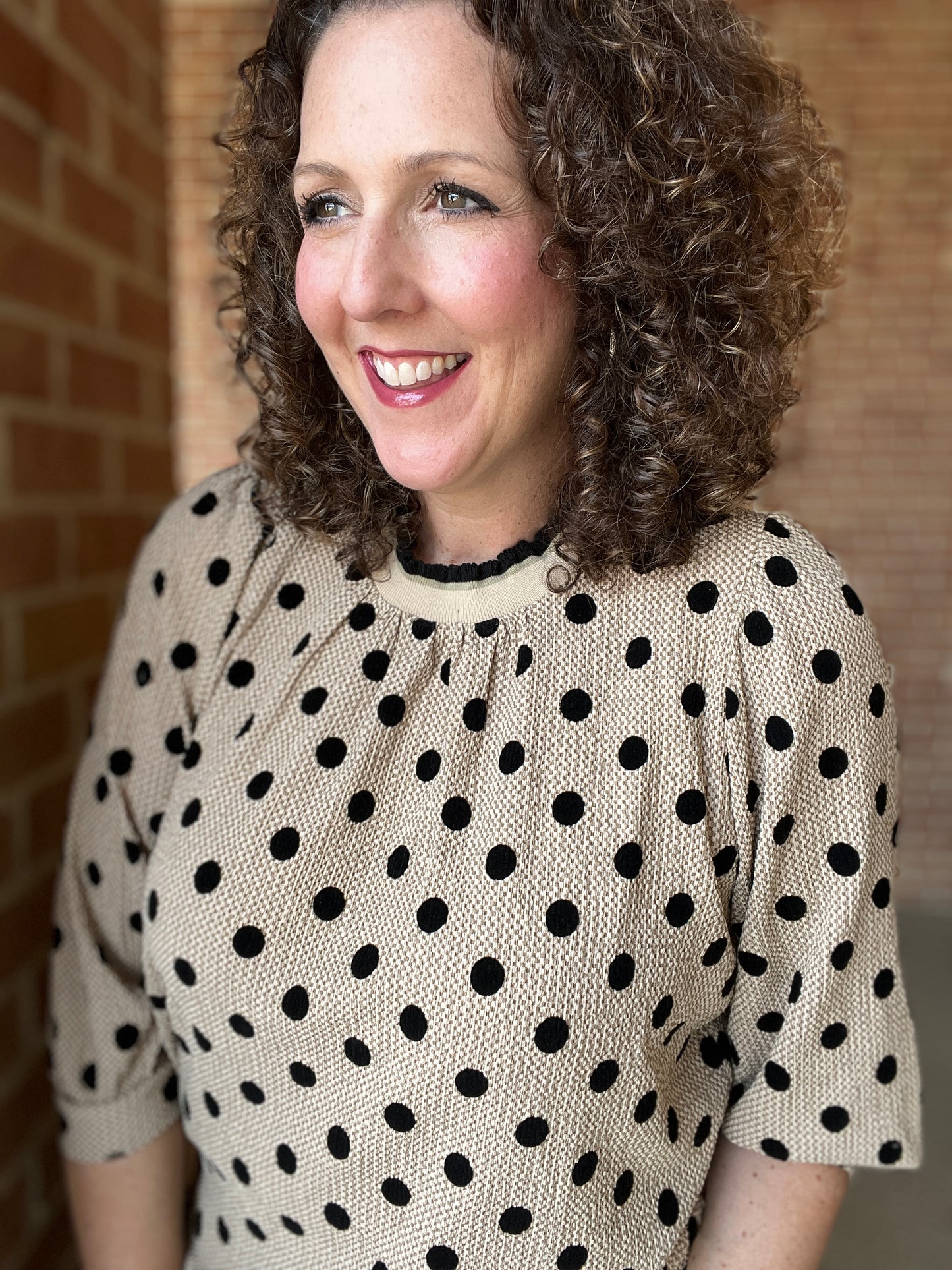 Textured Polka Dot Top with Ruffled Neck