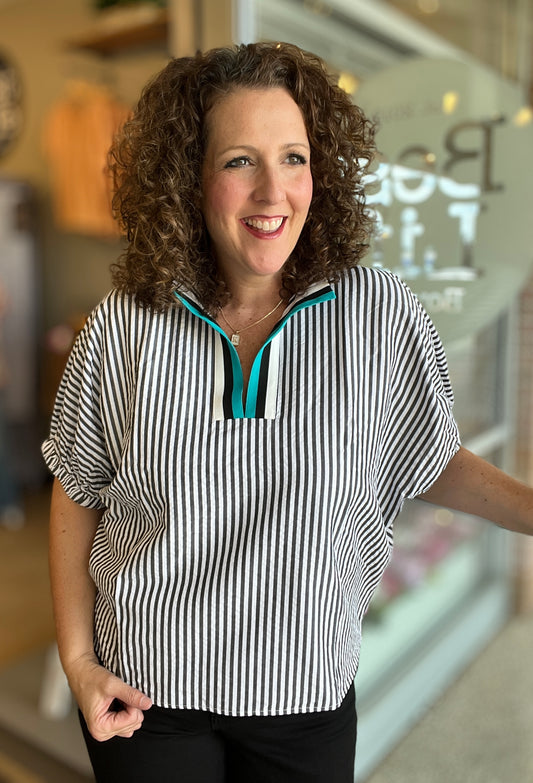 Striped Split Neck Dolman Top with Collar Trim