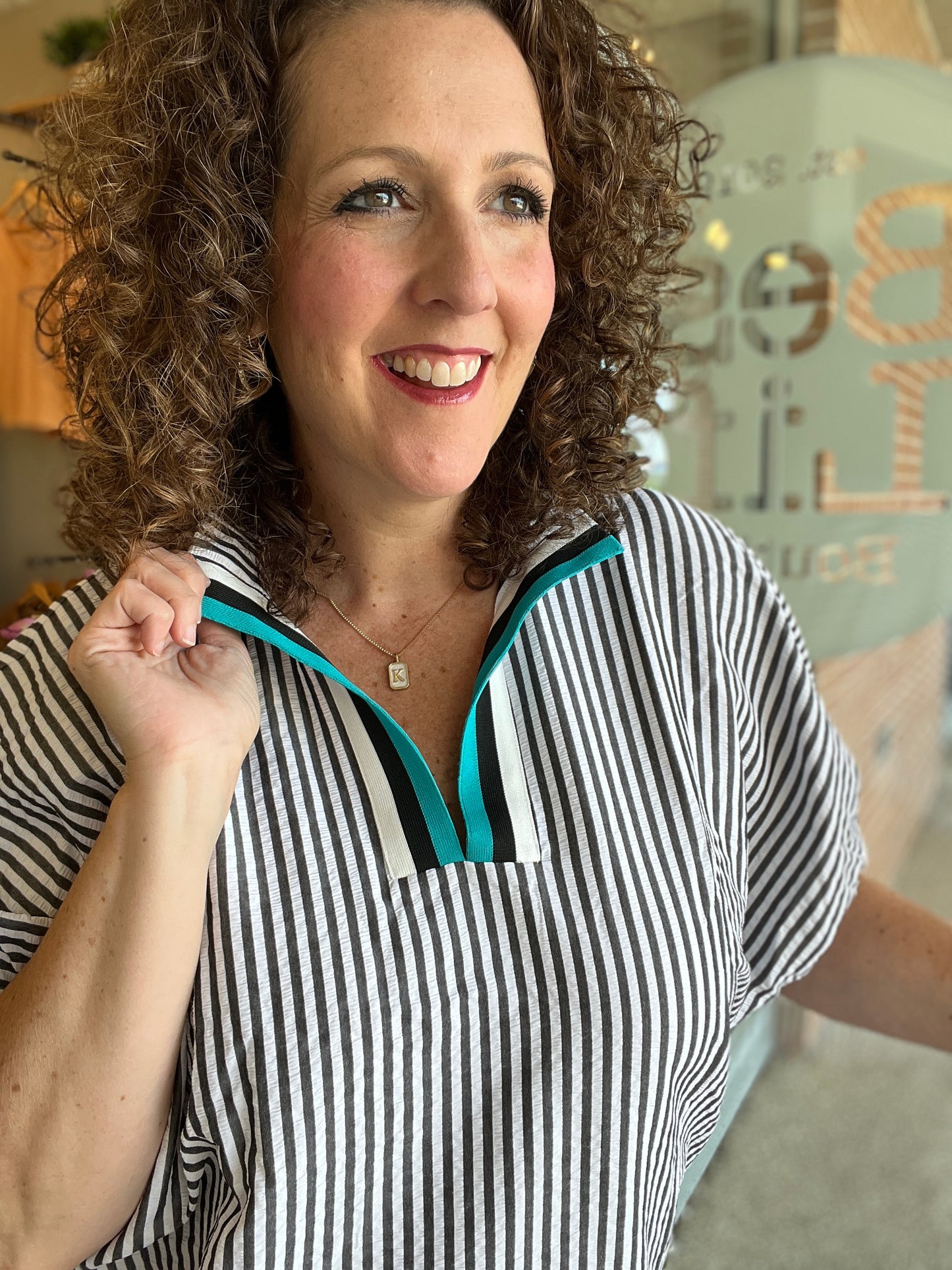 Striped Split Neck Dolman Top with Collar Trim