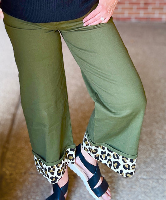 Olive Wide Leg Pants with Leopard Cuff