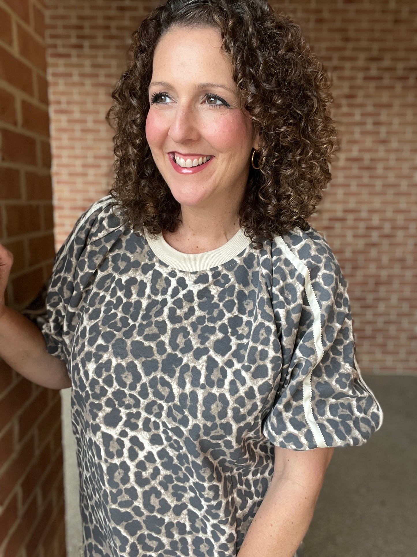 Leopard Puffed Sleeve Dress with Lace Trim