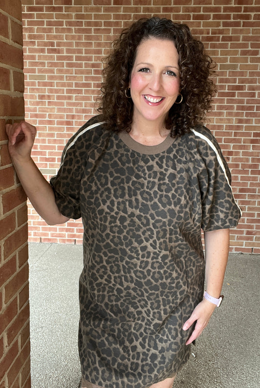 Leopard Puffed Sleeve Dress with Lace Trim