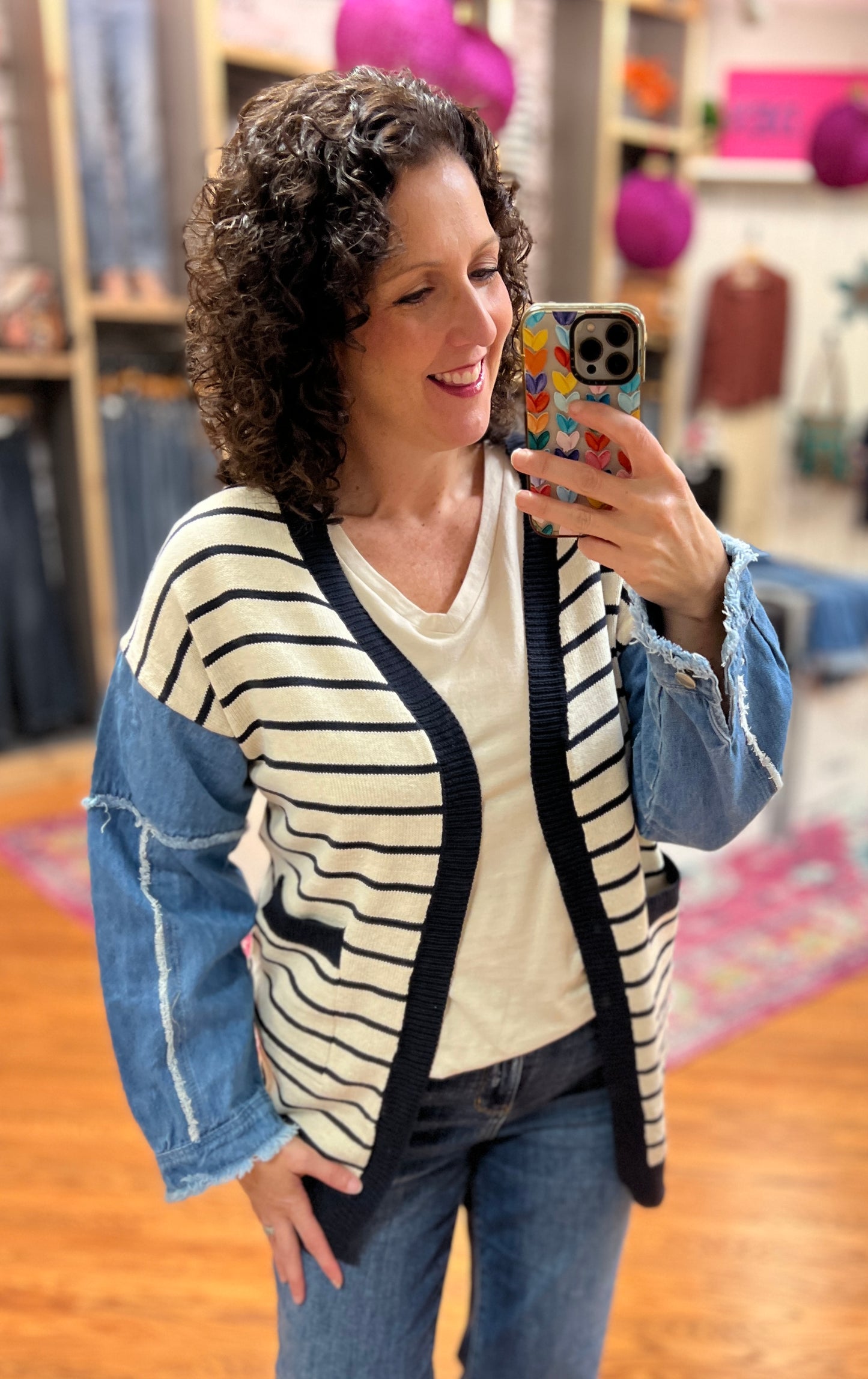 Striped Cardigan with Denim Sleeves