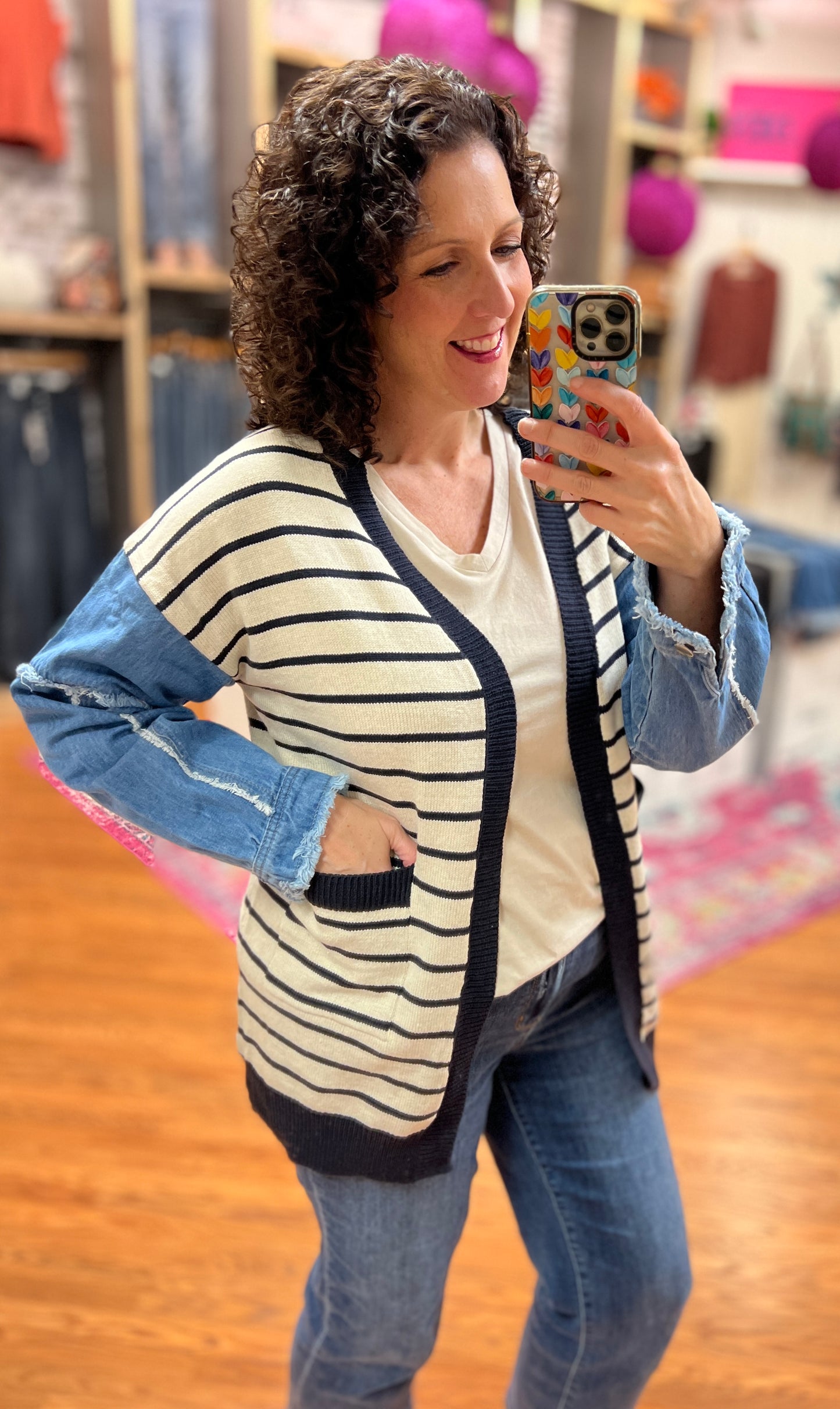 Striped Cardigan with Denim Sleeves