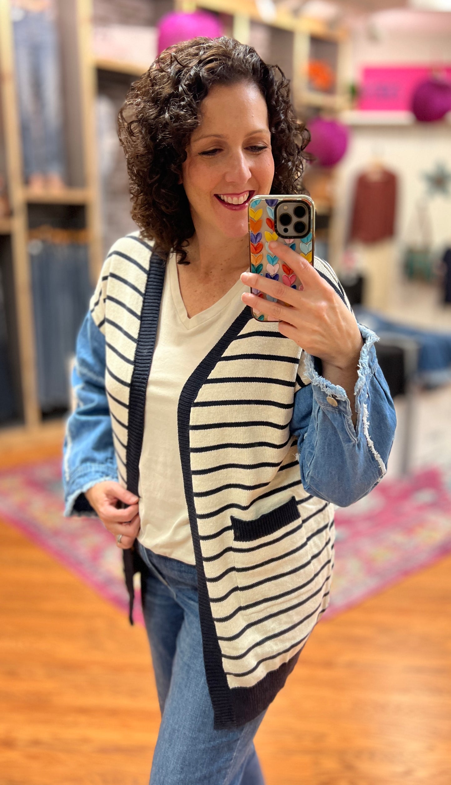 Striped Cardigan with Denim Sleeves