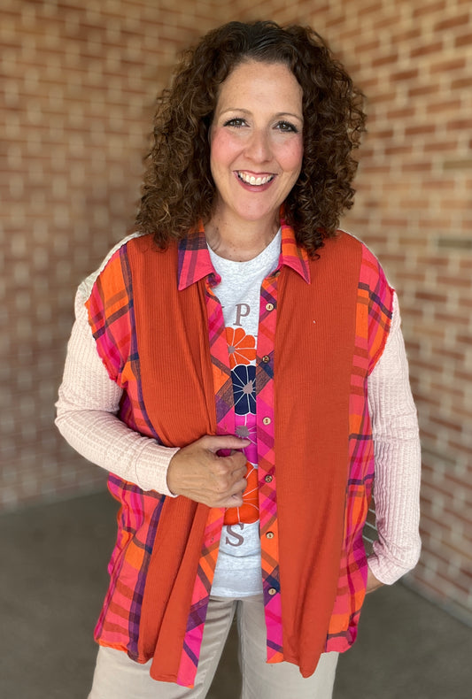 Plaid & Waffle Knit Button Down Top