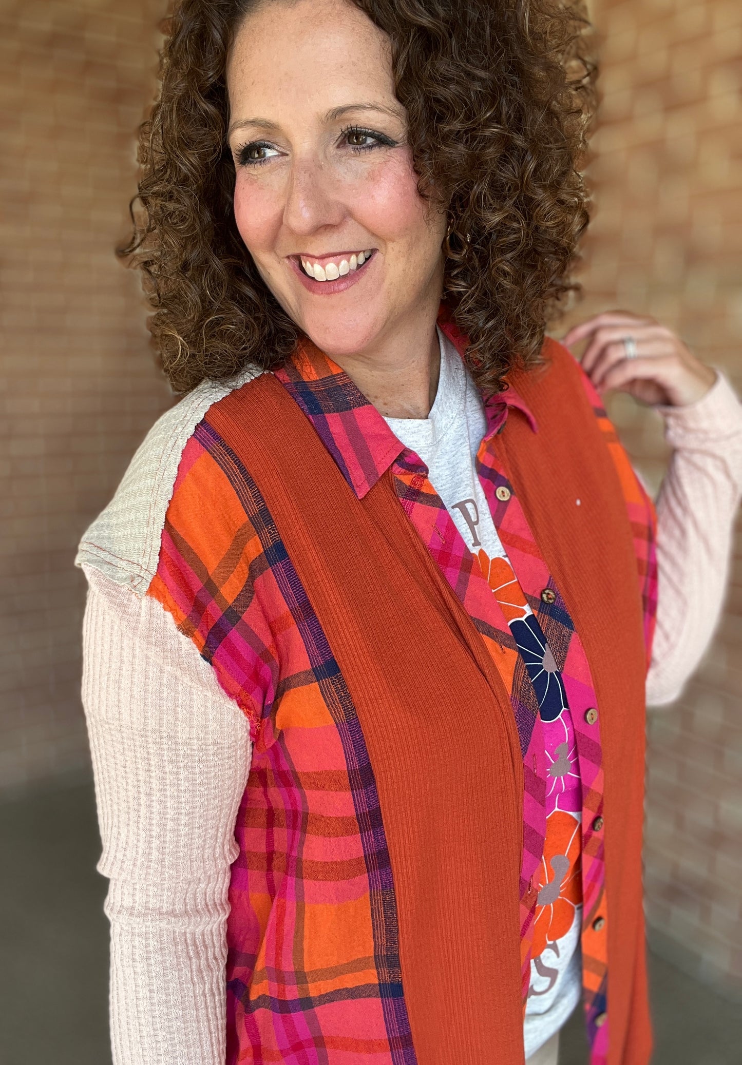Plaid & Waffle Knit Button Down Top