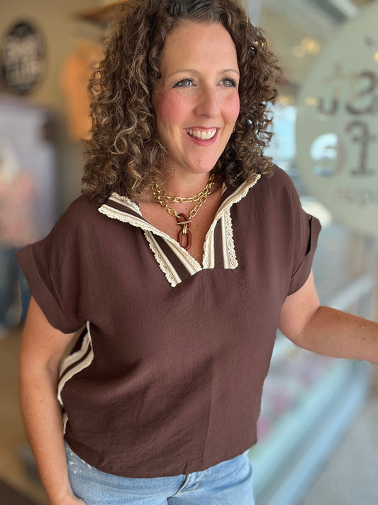 Split Neck Top with Crochet Trim