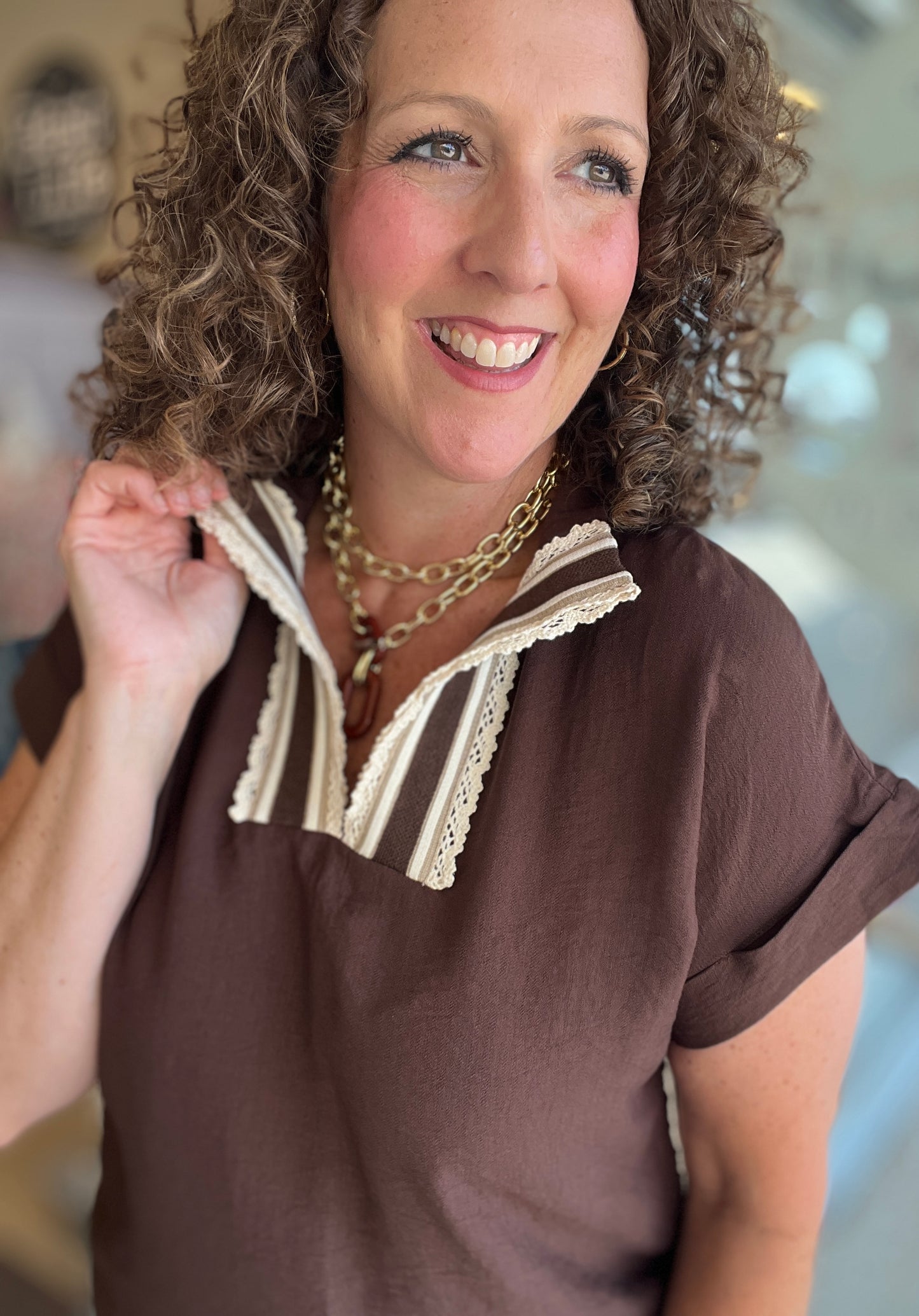 Split Neck Top with Crochet Trim
