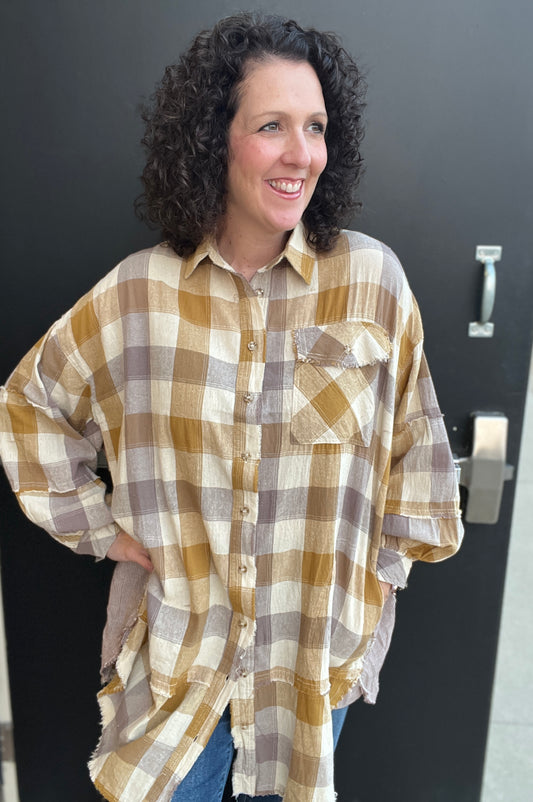 Checkered Plaid Oversized Shirt Dress