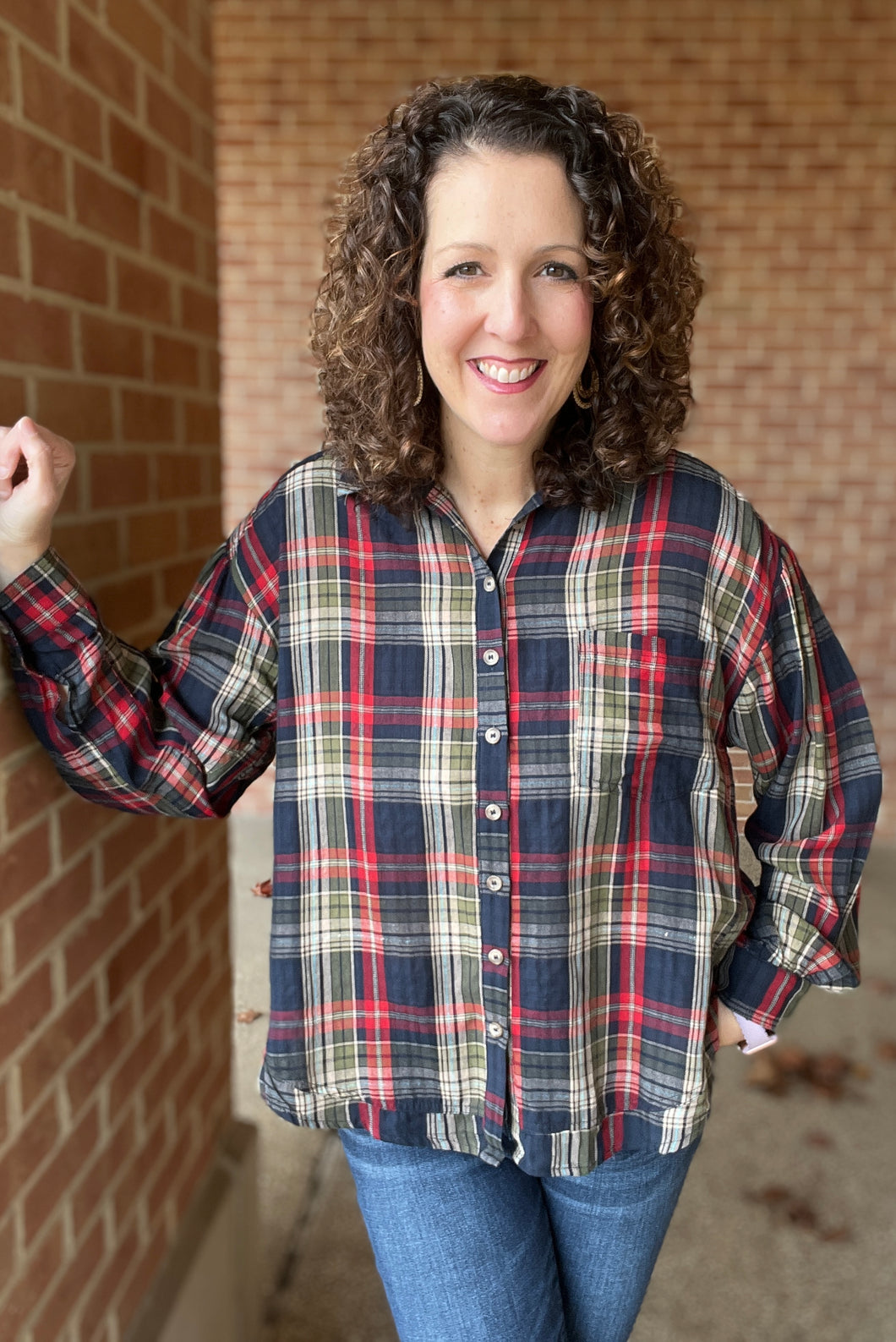 Trimmed Plaid Button Down with Puff Sleeves