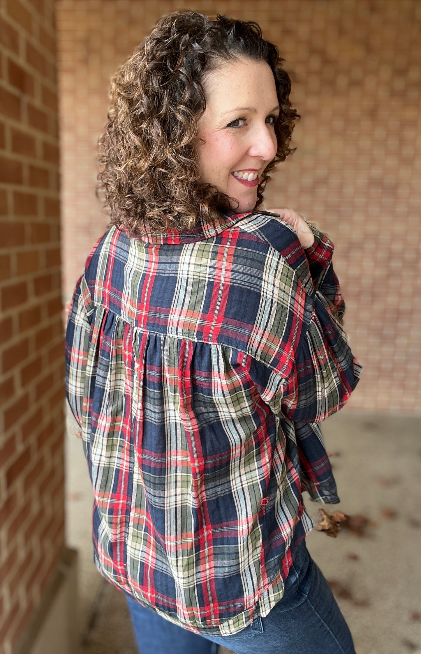 Trimmed Plaid Button Down with Puff Sleeves