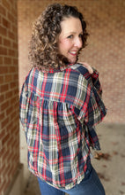 Load image into Gallery viewer, Trimmed Plaid Button Down with Puff Sleeves