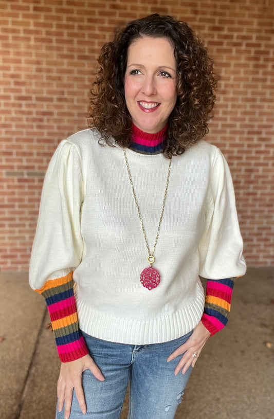 Striped Cuff and Mock Neck Sweater