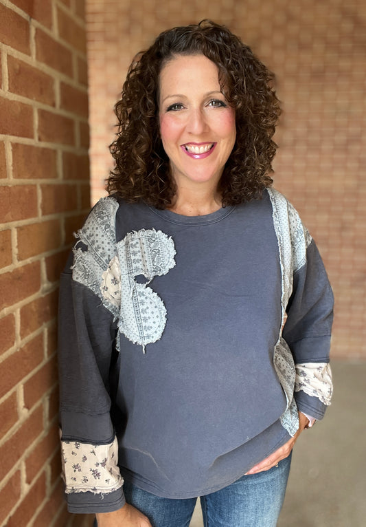 French Terry Flower Patchwork Pullover
