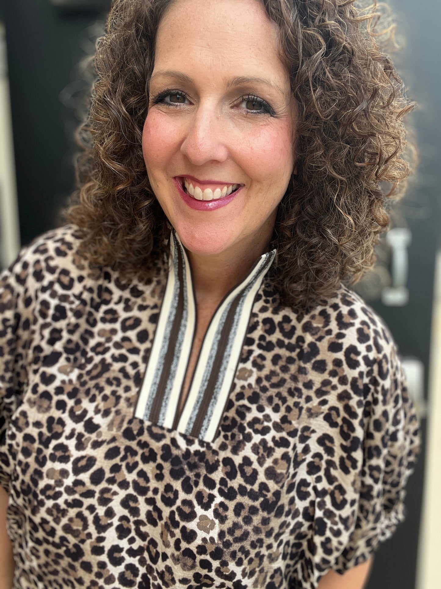 Leopard Split Neck Top with Trim