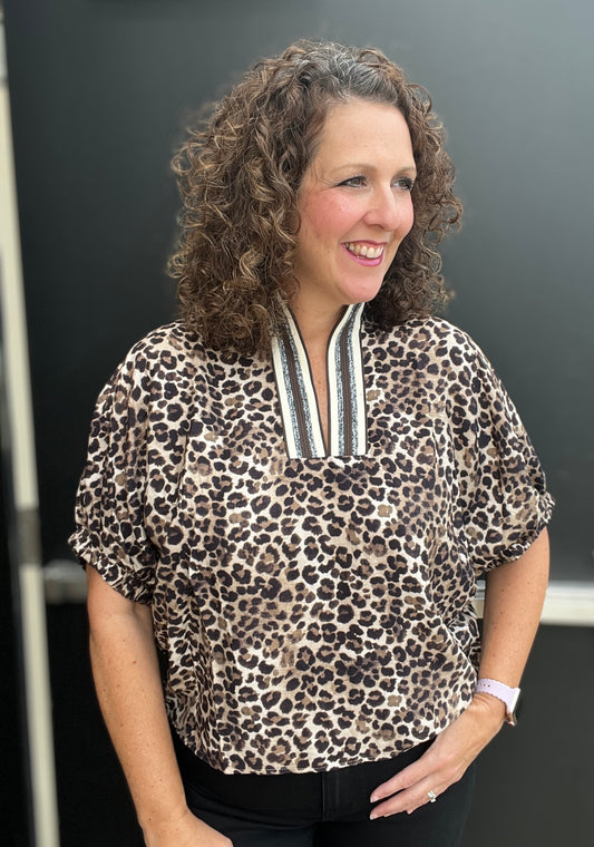 Leopard Split Neck Top with Trim