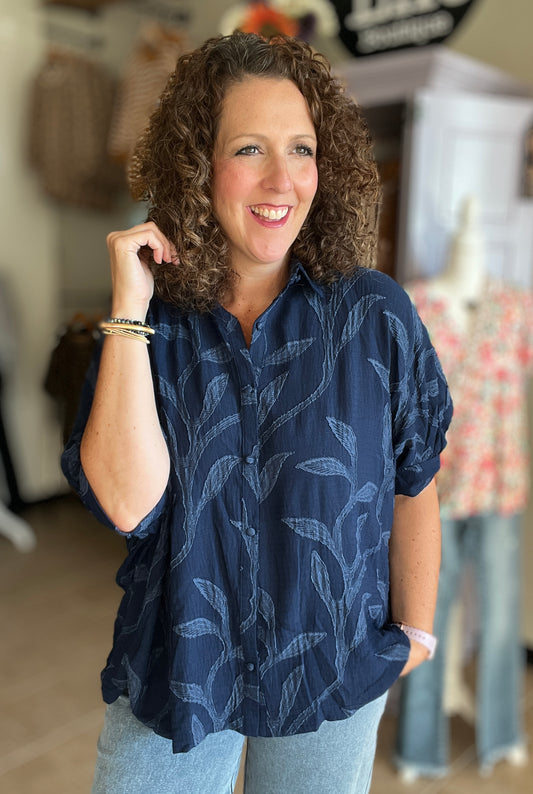 Textured Leaf Button Down Top