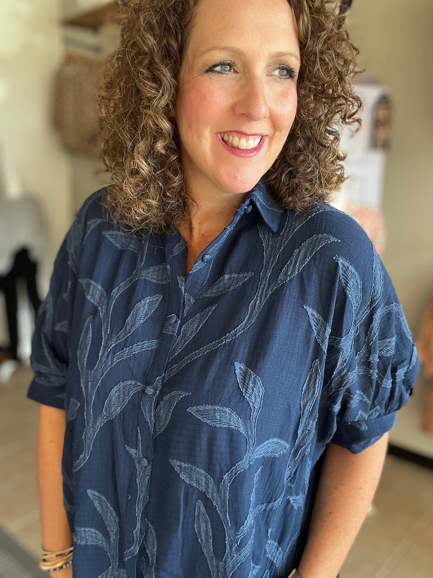 Textured Leaf Button Down Top