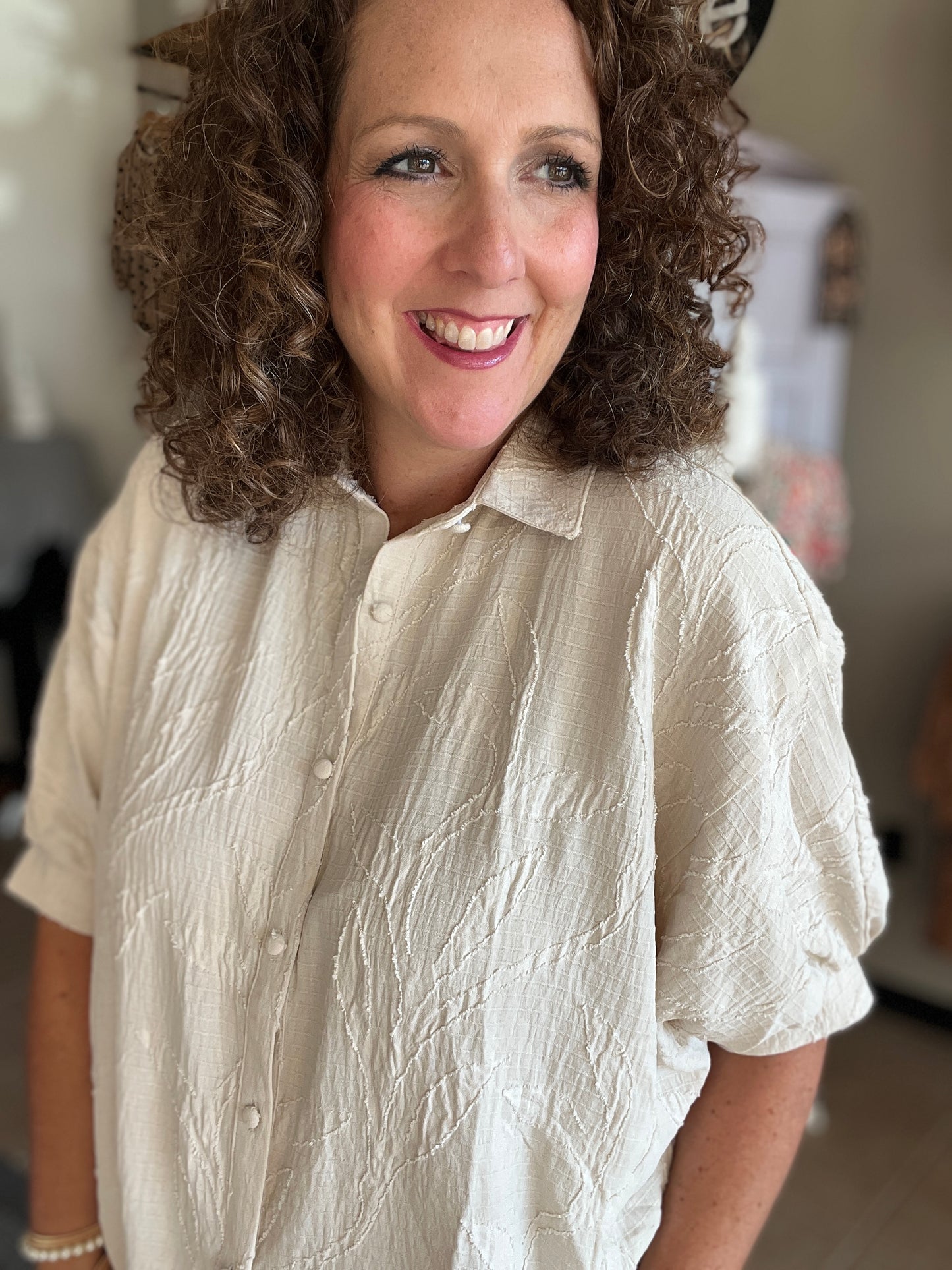 Textured Leaf Button Down Top